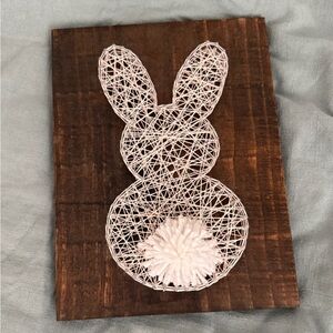 White String Art Bunny on Wooden Plaque
